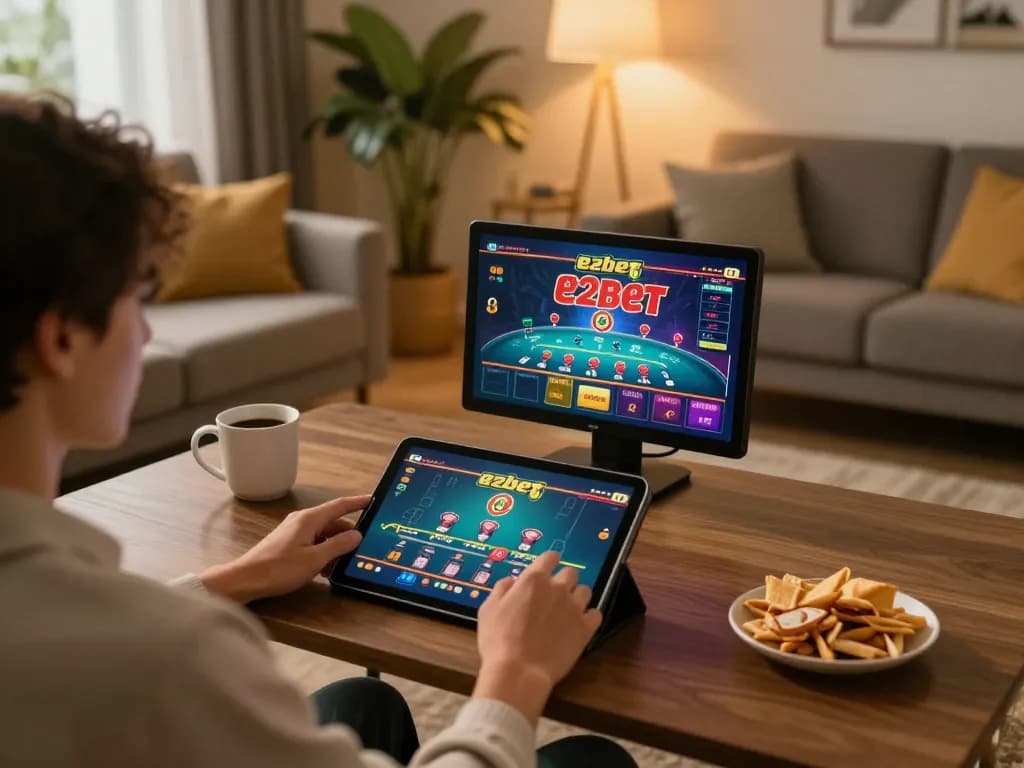 Engaging in the thrilling e2bet game experience at home, with a tablet showing live dealer action.