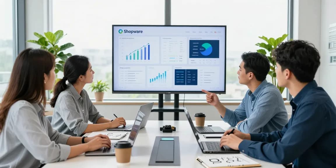 Team diskutiert E-Commerce-Strategien mit SP Webconsulting in einem modernen Büroumfeld.