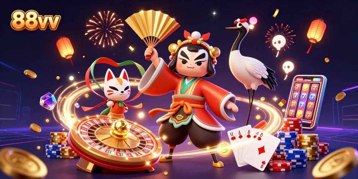 Spin the reels and win big with 88vv in this vibrant casino-themed 3D illustration.