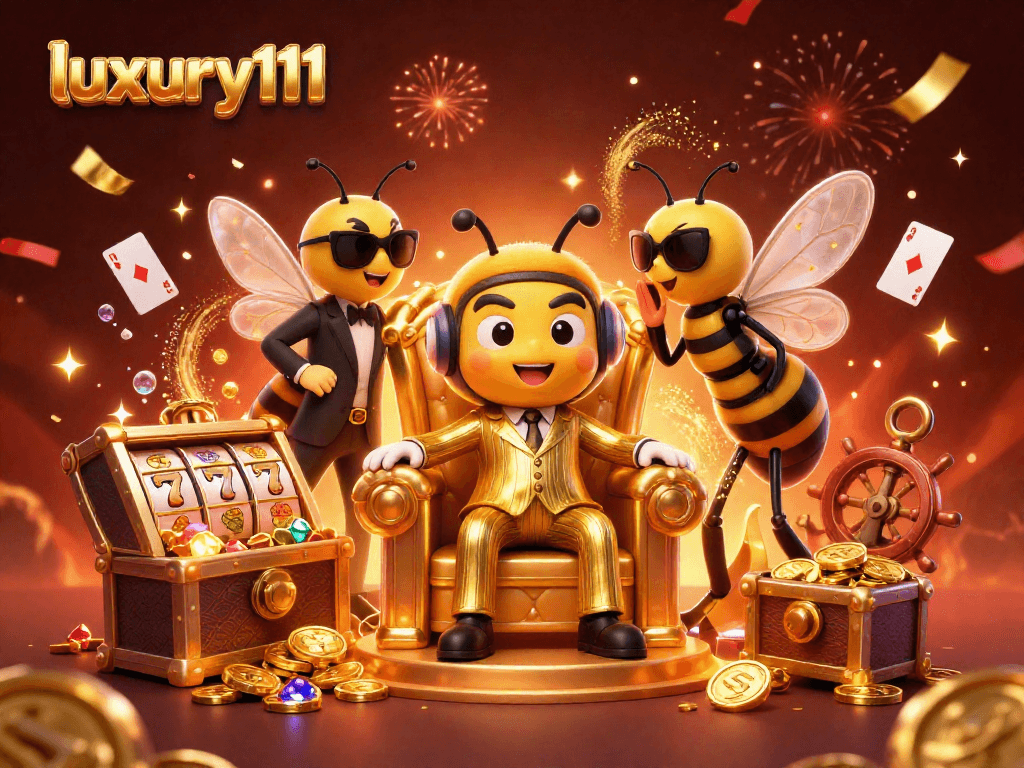 luxury111 showcases vibrant casino action with a bumblebee mob boss, wasp guards, and colorful slot symbols
