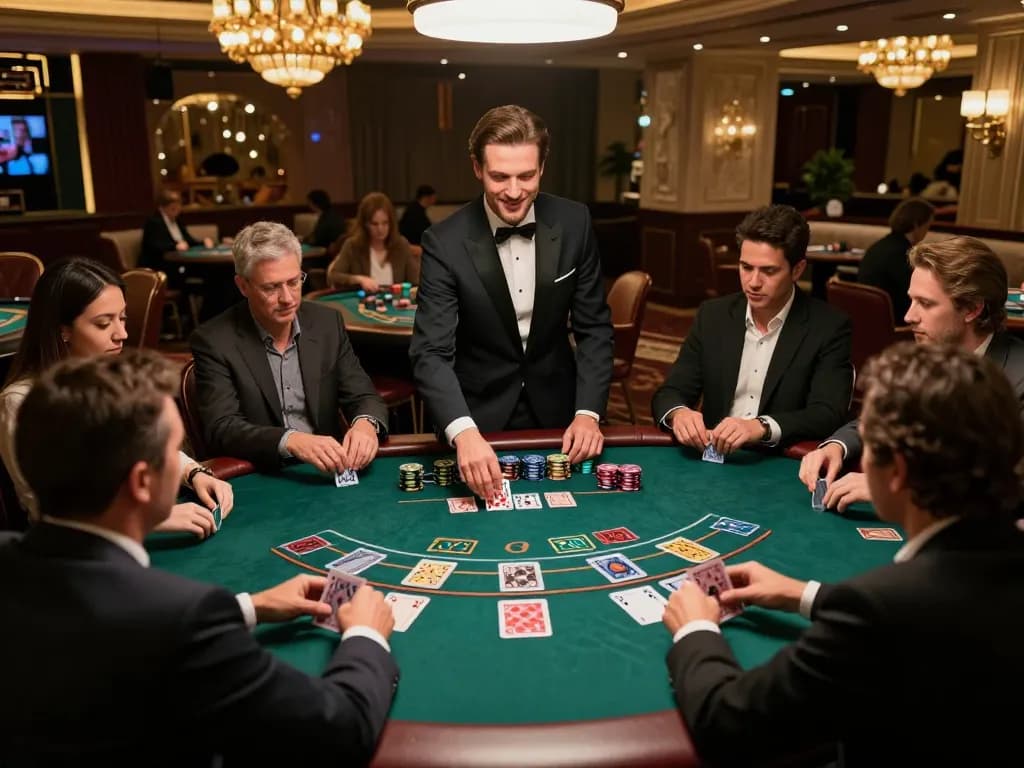 Intense players strategizing in a high-stakes blackjack game at a luxury casino, showcasing soibet gaming action.