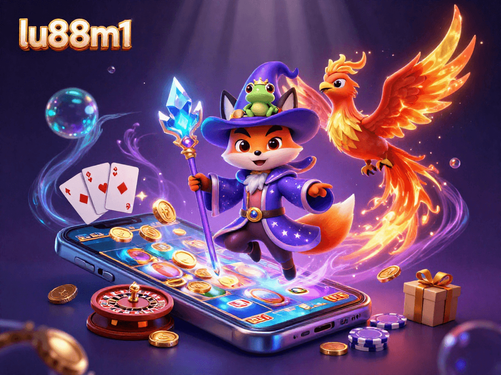 Experience thrilling gambling adventures with LU88m1 in a vibrant 3D casino illustration featuring magical characters.