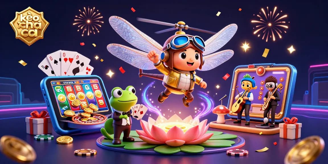 Experience kèo nhà cái action with a vibrant 3D casino scene featuring a dragonfly pilot, frog croupier, and jazz musicians.