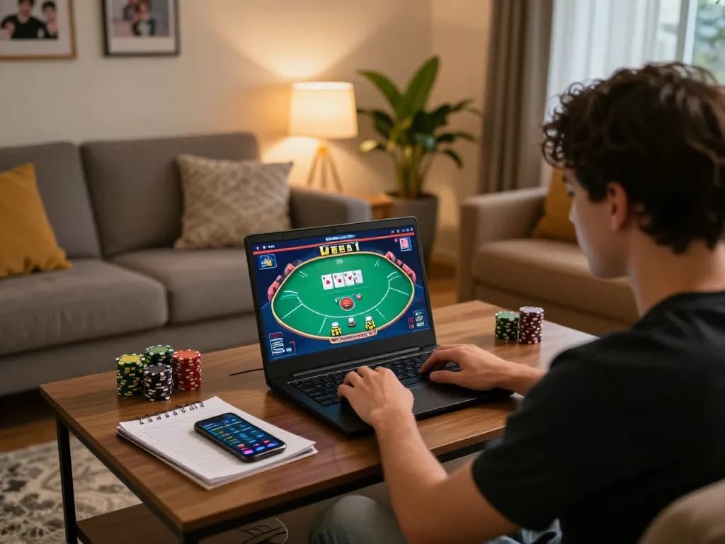 VT88 player enjoying an online casino poker game from a cozy home setup.