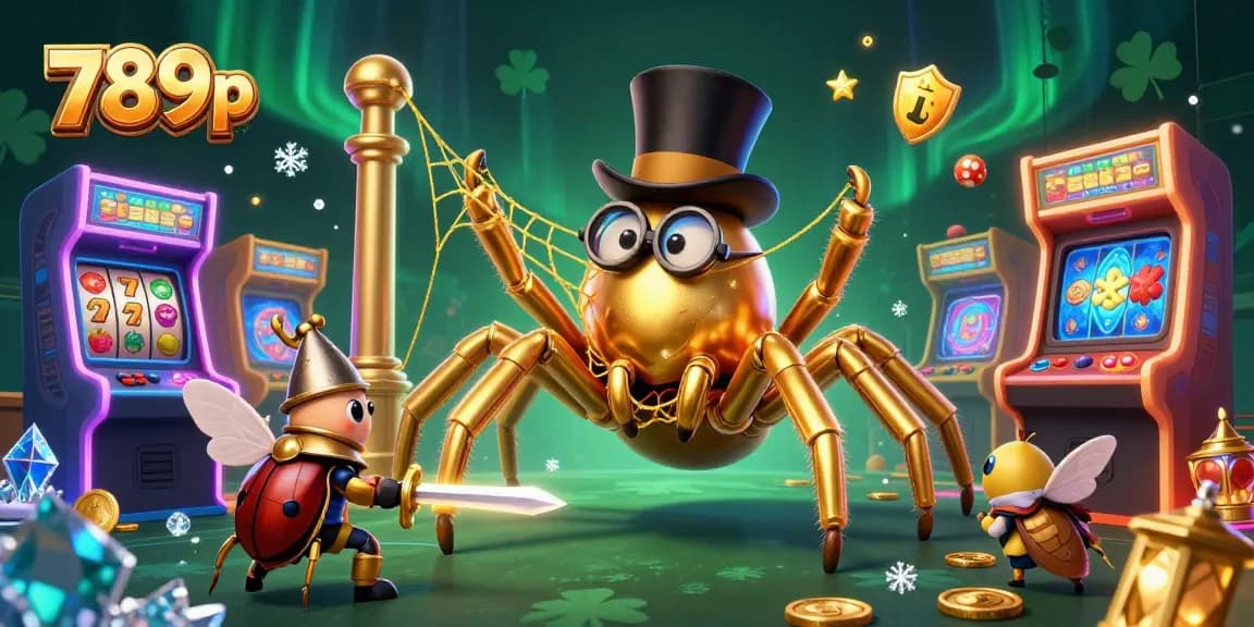 Engage with 789p's vibrant casino scene featuring a golden tarantula and animated characters.