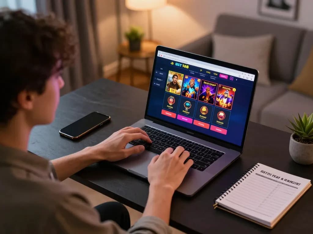 Player using bet168 online casino on a laptop at home, cozy atmosphere with gaming accessories.