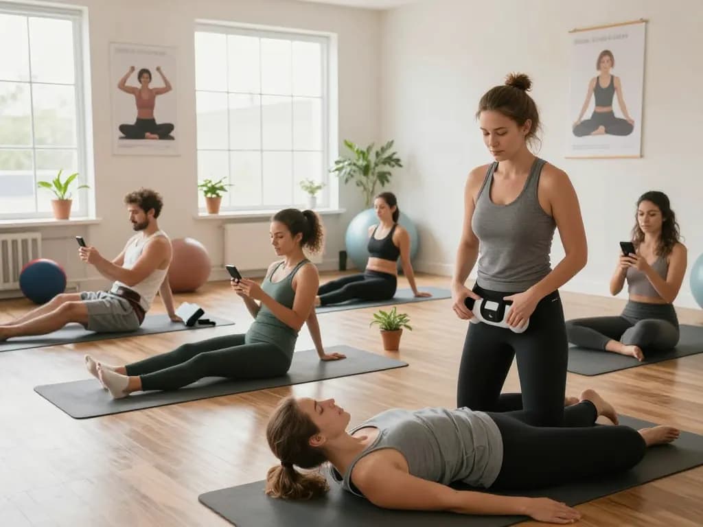 Engaged participants in a Pelvi-care.de wellness session focused on pelvic floor exercises with expert guidance.