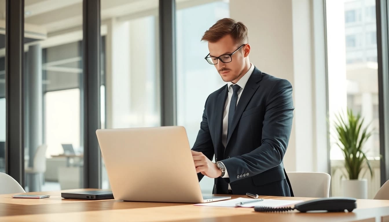 Headhunter Geschäftsführer analysiert Kandidaten in modernem Büro.