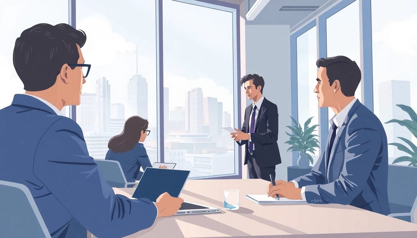 Headhunter Mannheim facilitates a dynamic consultation with candidates in an urban office, showcasing a professional recruitment process.