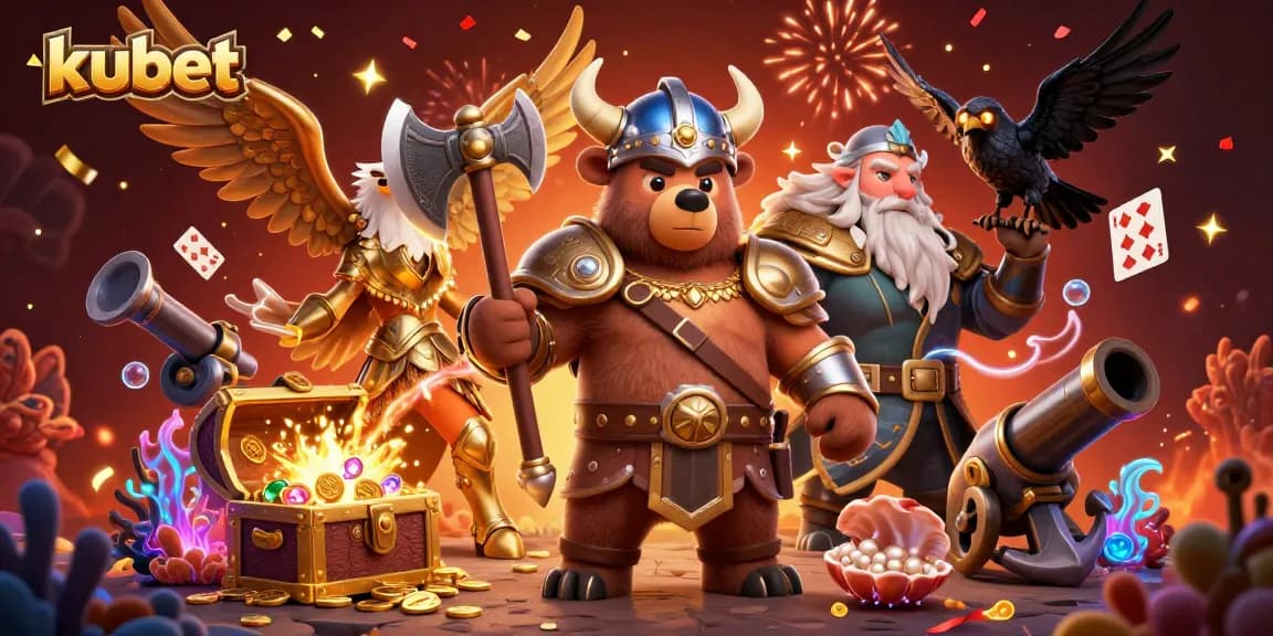 Kubet casino adventure showcasing a Viking bear and Valkyrie eagle in a treasure-filled scene.