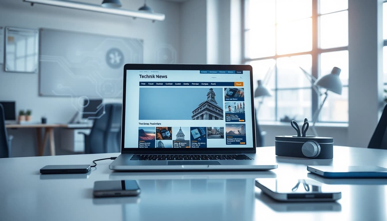 Aktuelle Technik News auf einem modernen Laptop mit digitalen Designs und Gadgets.