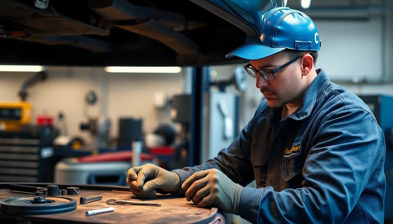 Stoßstange reparieren München: Ein Mechaniker repariert sorgfältig eine beschädigte Stoßstange mit professionellen Werkzeugen in einer modernen Werkstatt.