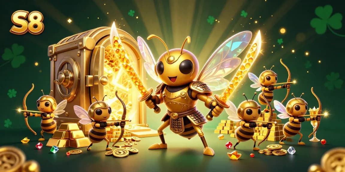 S8 provides thrilling entertainment with an ultra-detailed scene of a golden hornet warrior, bet wisely in this vibrant casino world.