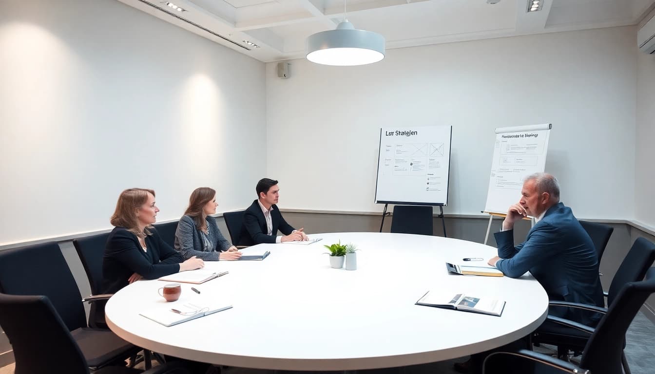 Führungskräfte erarbeiten Strategien für Outplacement während eines Coachings.
