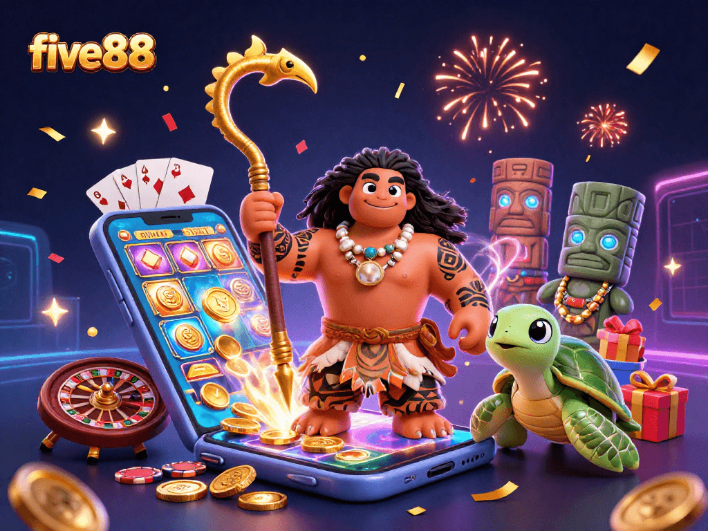 Experience the excitement of five88's casino action with vibrant slot game elements and lively characters.