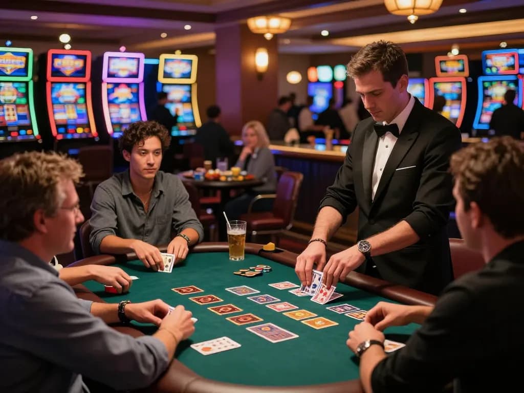 Players at a da88 blackjack table strategizing their next move in a lively casino atmosphere.
