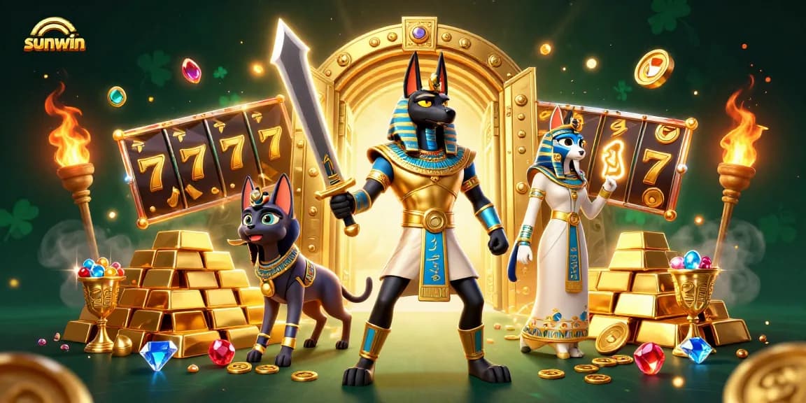 Experience thrilling slots and jackpots with sunwin in a vibrant, gold-filled casino scene.