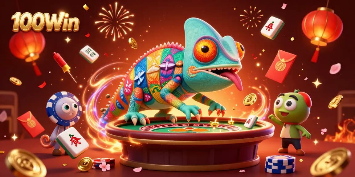Engage with 100Win's vibrant casino experience featuring a colorful chameleon mascot amidst festive visuals