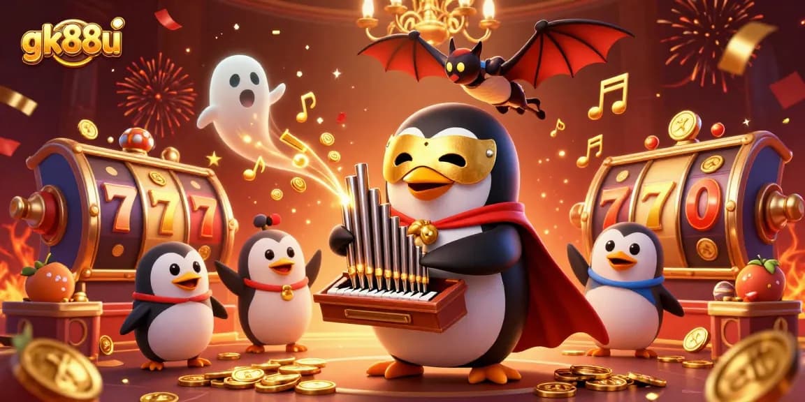 Experience thrilling gameplay at gk88u with a penguin playing a golden organ amidst a vibrant casino scene.