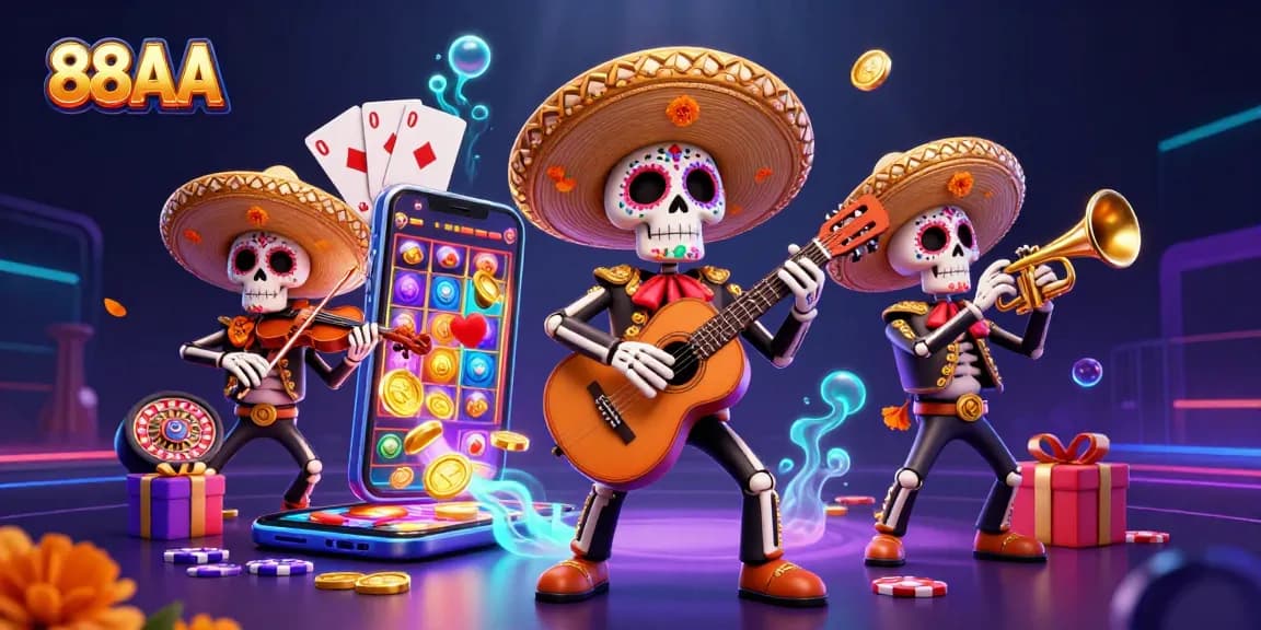 Experience 88AA's vibrant casino atmosphere with mariachi skeletons, spinning slots, and golden coins.