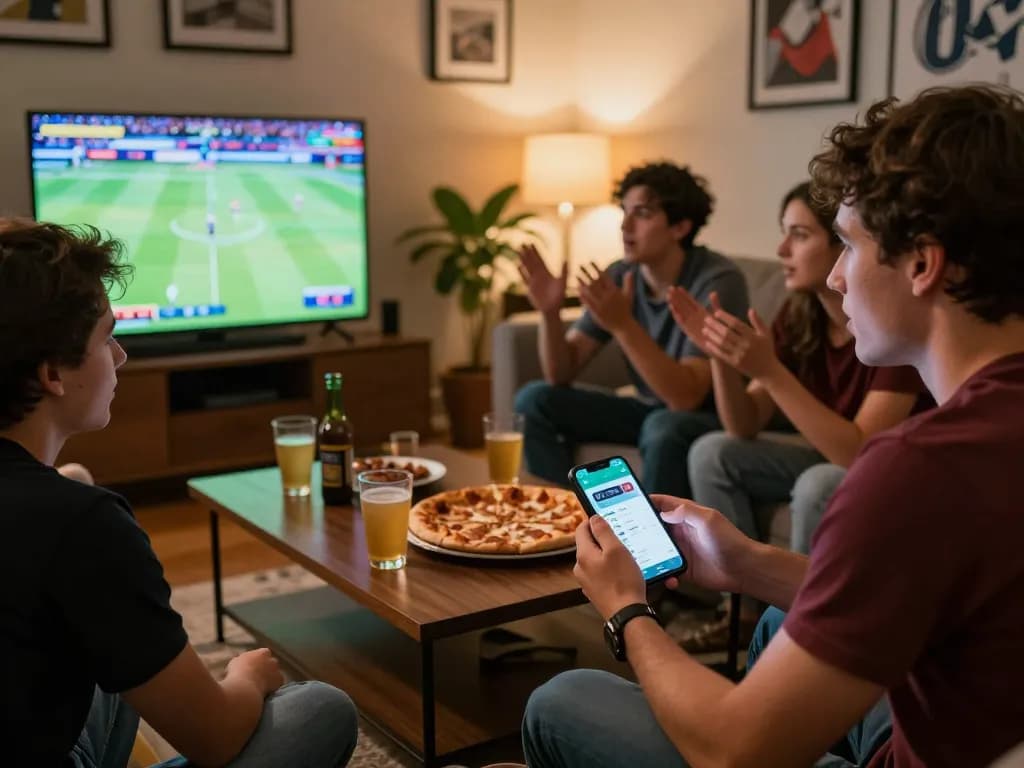 Friends enjoying live sports betting with VIN88 app during an exciting game night