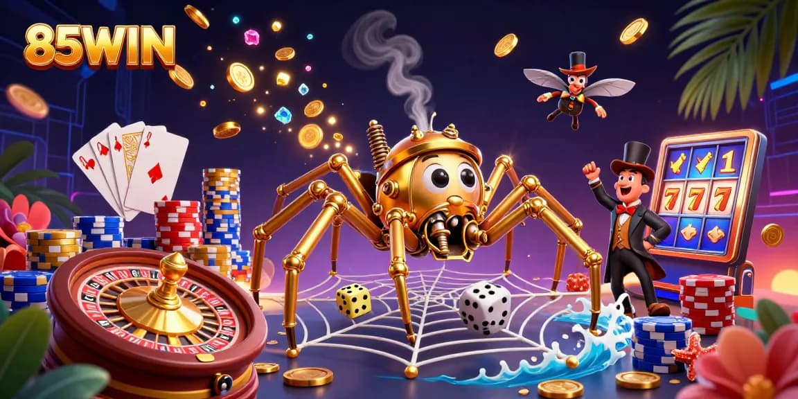 Experience thrilling action at 85WIN with a vibrant, dynamic casino illustration showcasing rich game elements.