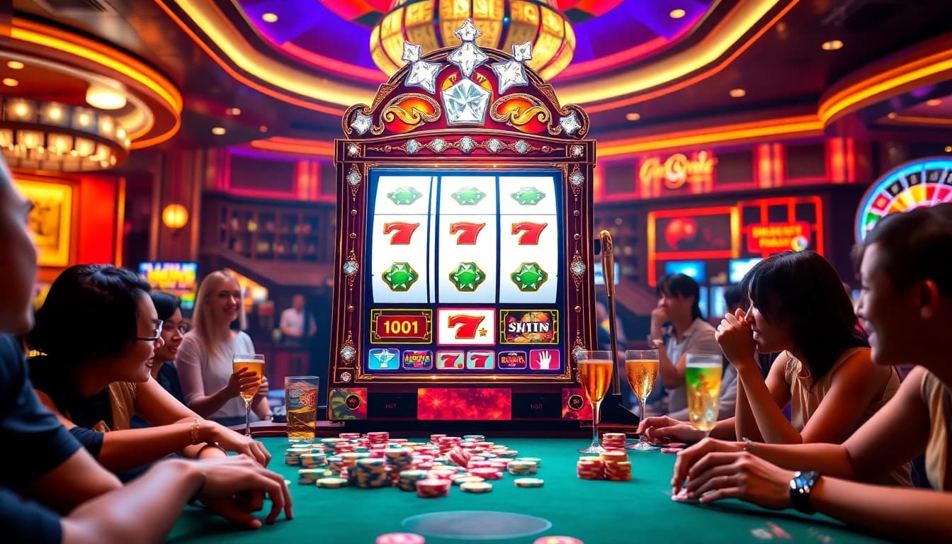 Experience the thrill of nổ hũ with an exciting casino scene featuring slot machines and captivating players.