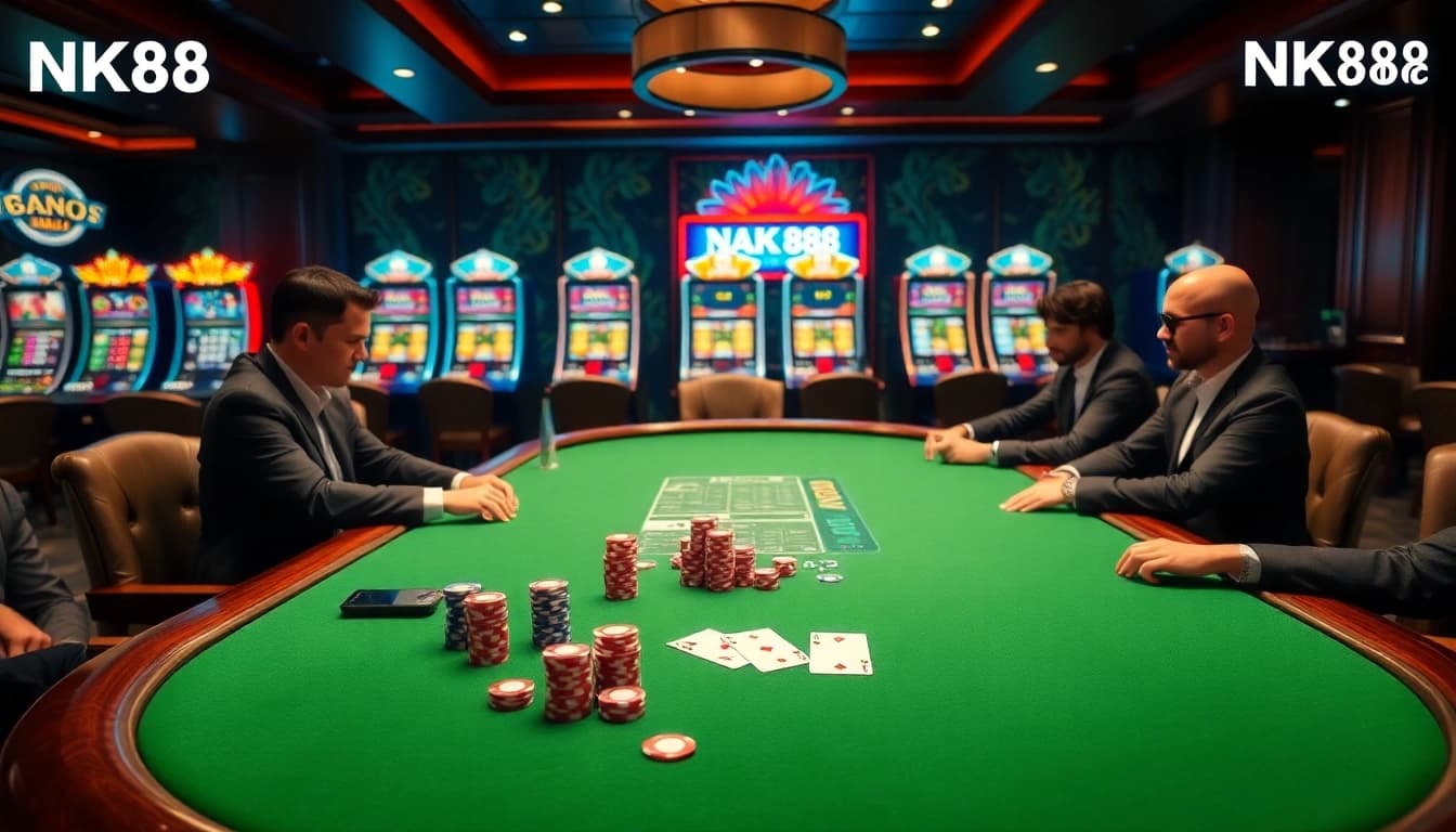 Engaging with NK88 at a vibrant casino table, showcasing poker chips and bets.
