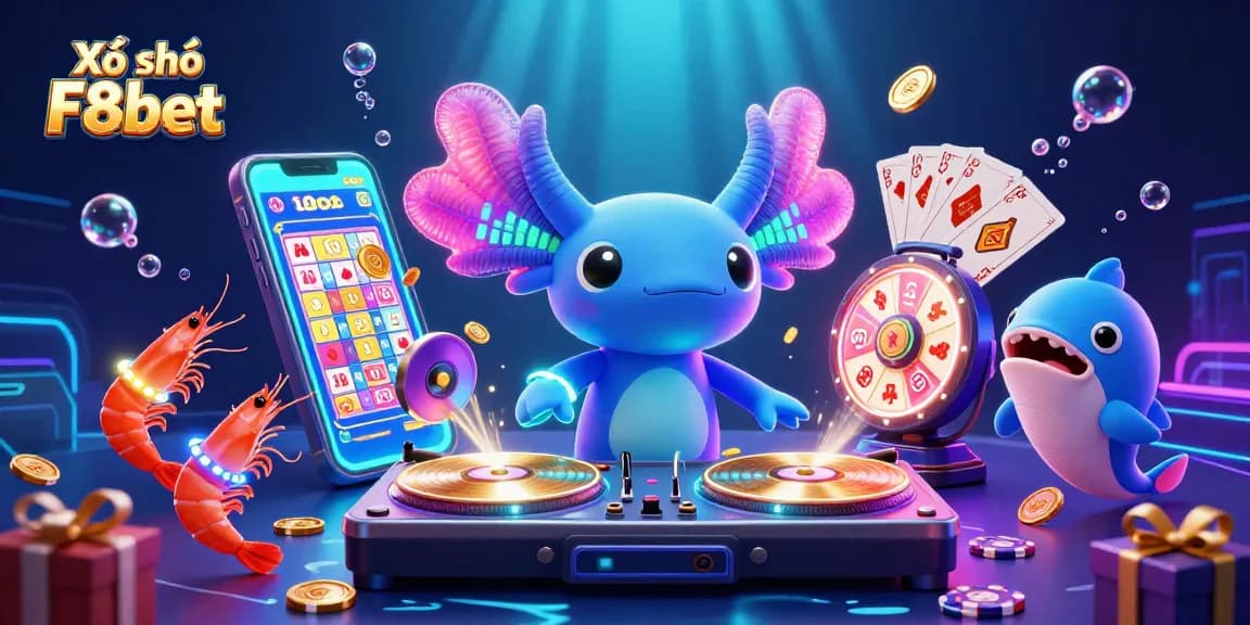 Experience the excitement of lottery F8bet with this vibrant 3D illustration showcasing dynamic characters and game elements.