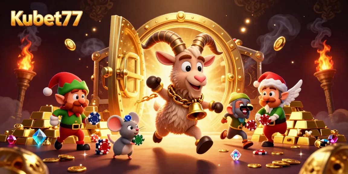 Kubet77 offers an exciting gaming experience with Krampus, a tiny angel mouse, and mischievous gremlins in a dynamic casino scene.