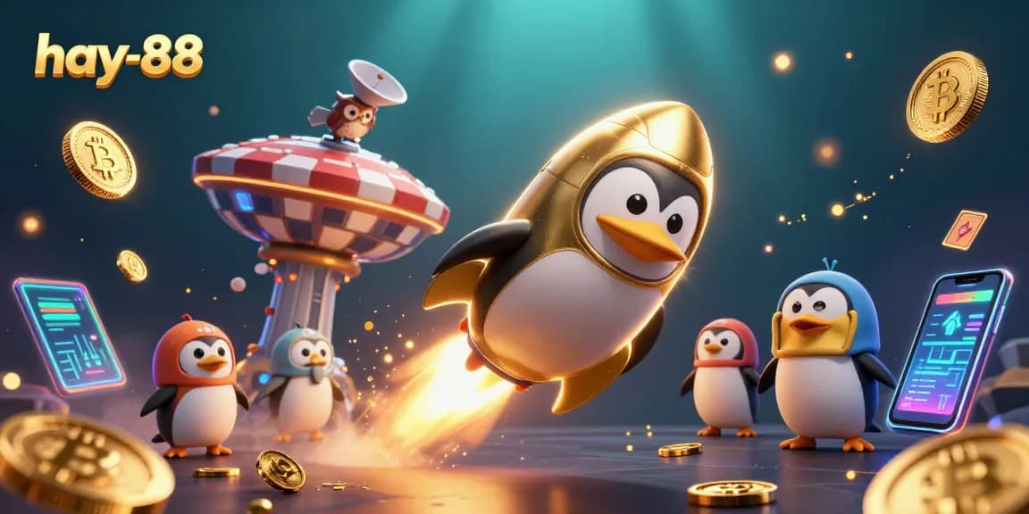 Experience exhilarating gambling adventures with hay-88's dynamic, golden penguin in a vibrant casino-themed galaxy.