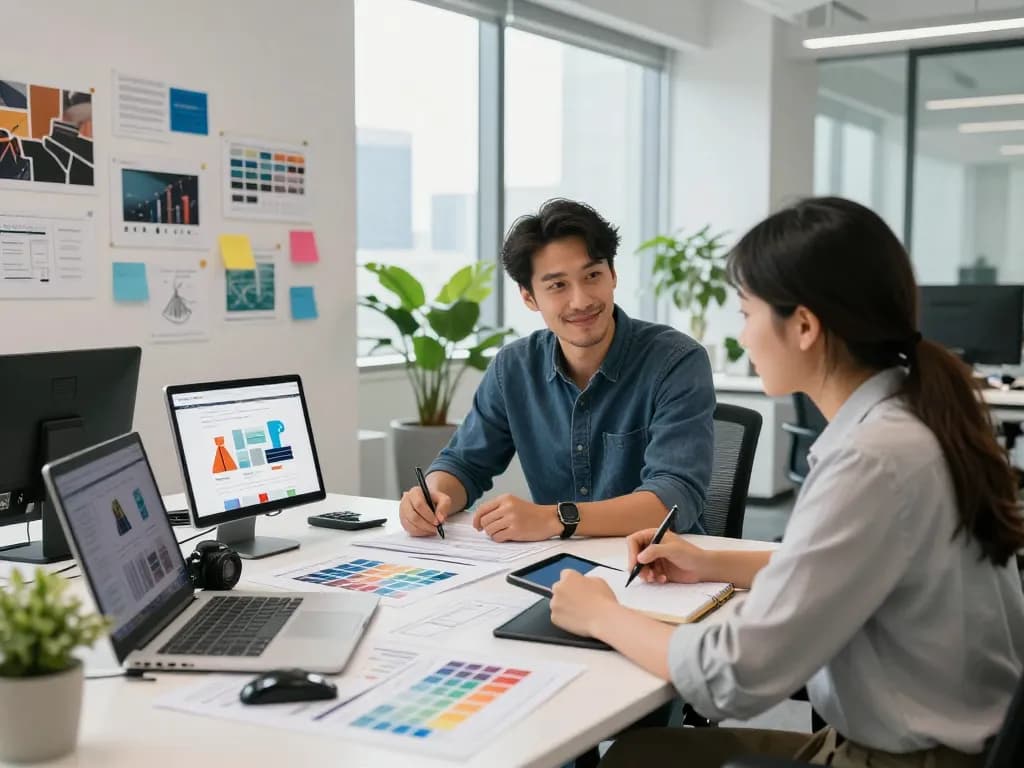Webdesign-Berater, der während einer Kundenberatung in einem modernen Büro einen responsiven Website-Prototypen präsentiert.