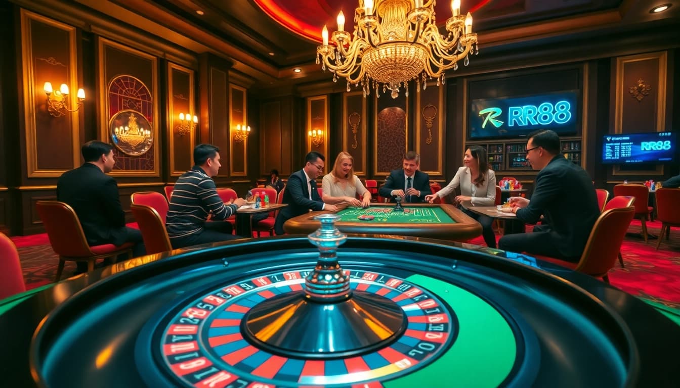 RR88 casino scene showcasing a thrilling roulette game with vibrant chips and engaging players.