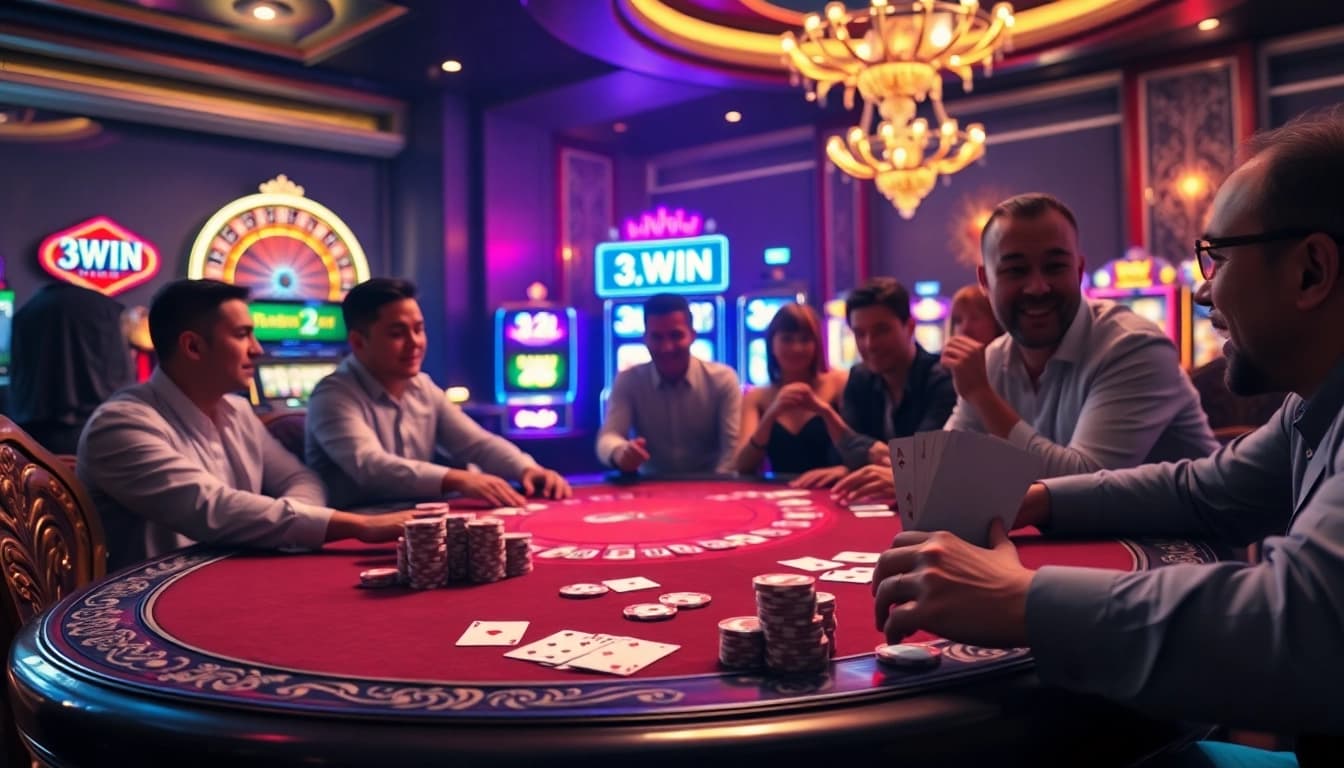 Engaging poker players at a luxurious casino with '3WIN' branding visible on cards and betting slips.