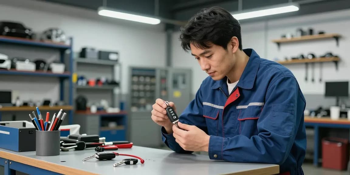 Experte überprüft einen Autoschlüssel in der Werkstatt mit Werkzeugen und Ersatzteilen.