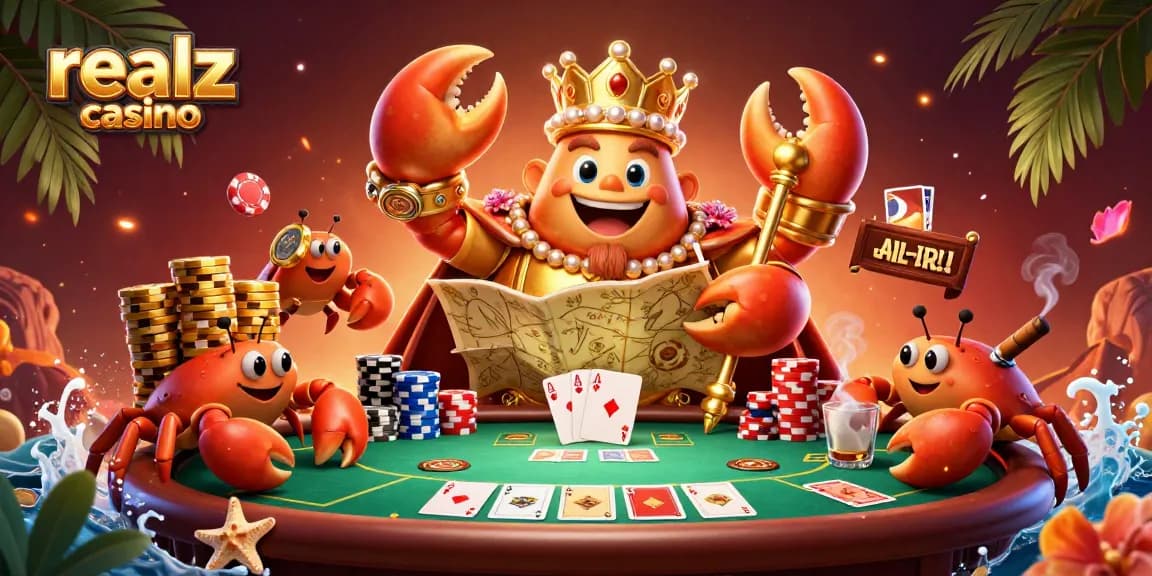 Experience the thrill of realz casino with a lavish gambling scene featuring a regal crab emperor.