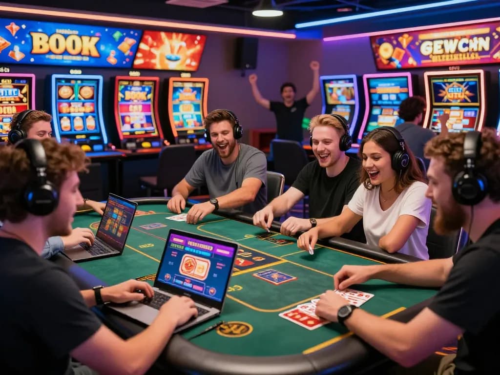 Players enjoying a lively online casino experience with AUD77 promotions featured on screens and vibrant atmosphere.