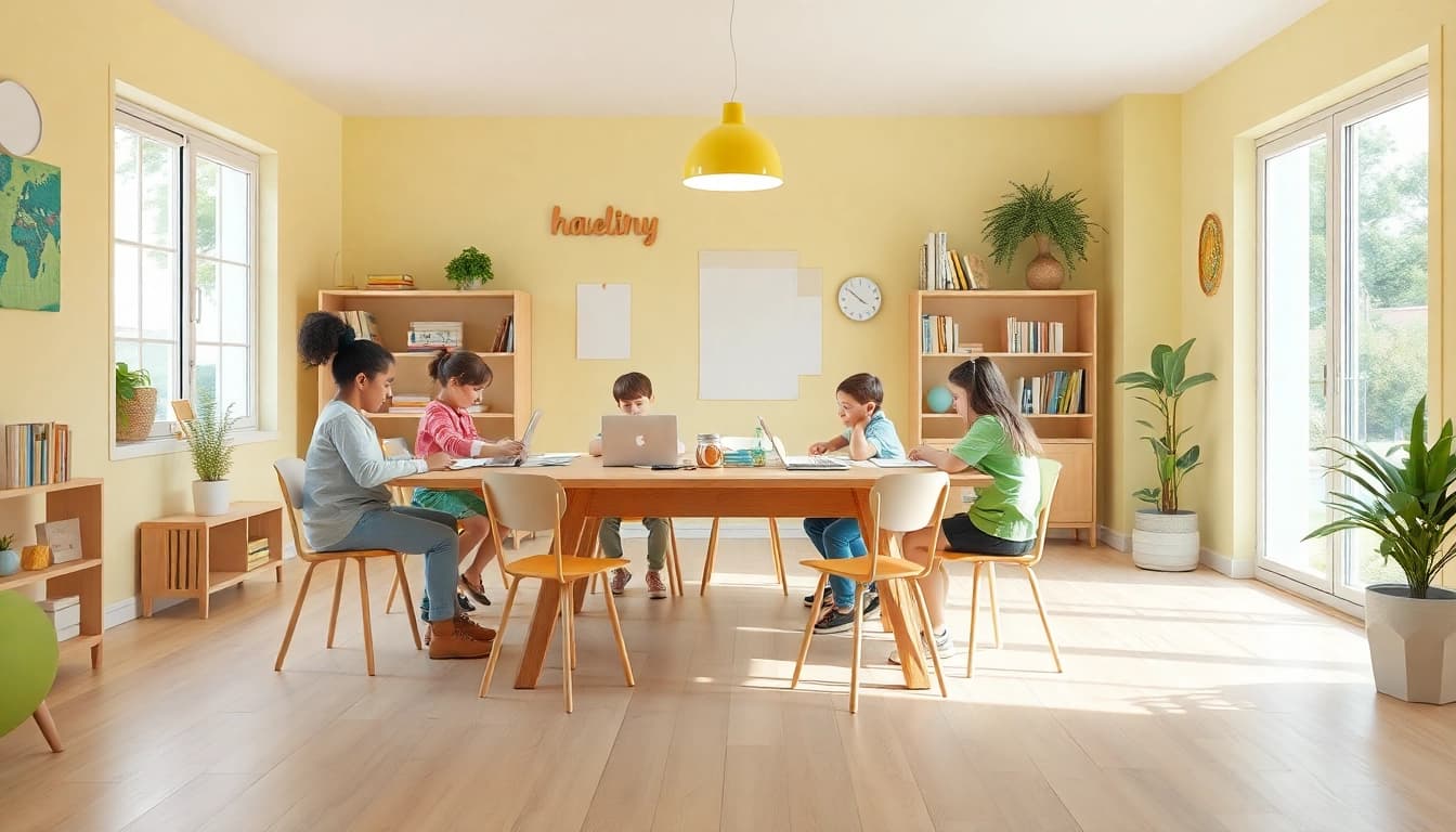 Ein einladender Raum für Heimunterricht, in dem Kinder kreativ lernen und Spaß haben.