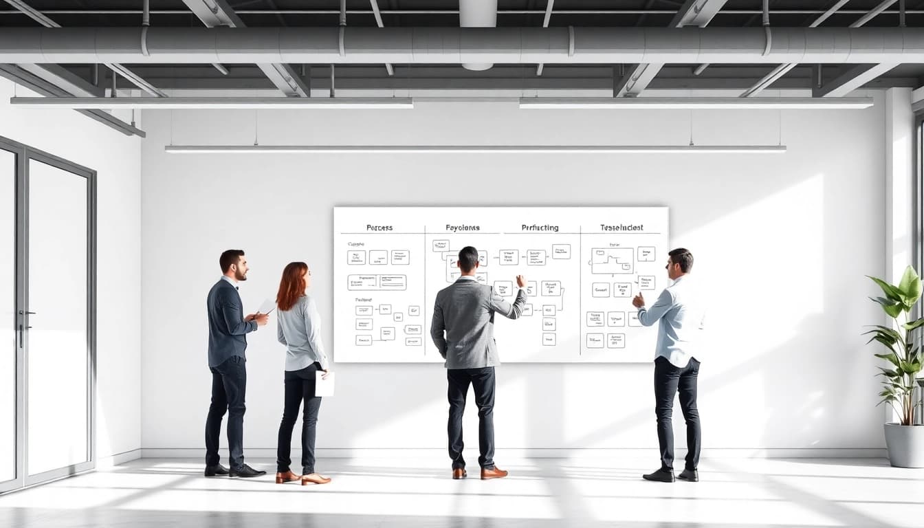 Optimierung von Arbeitsabläufen: Team bei der Prozessoptimierung am digitalen Whiteboard