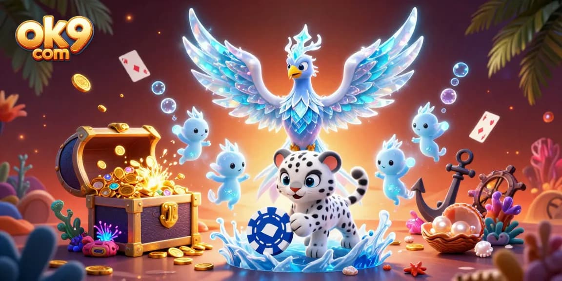 Engage in exciting gaming experiences with ok9 com, featuring a vibrant scene of an ice phoenix and poker action.