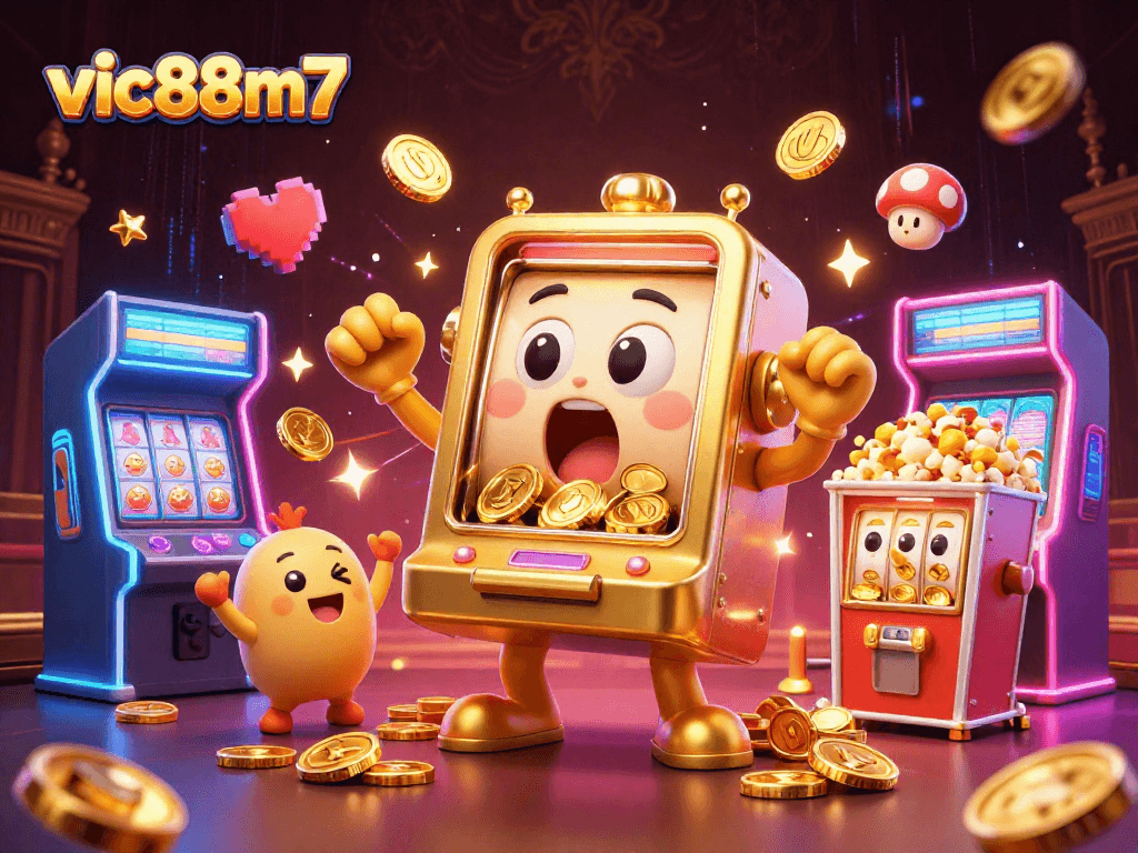 Win big with vic88m7 as a golden slot machine pulls a jackpot, celebrating with cheering machines.