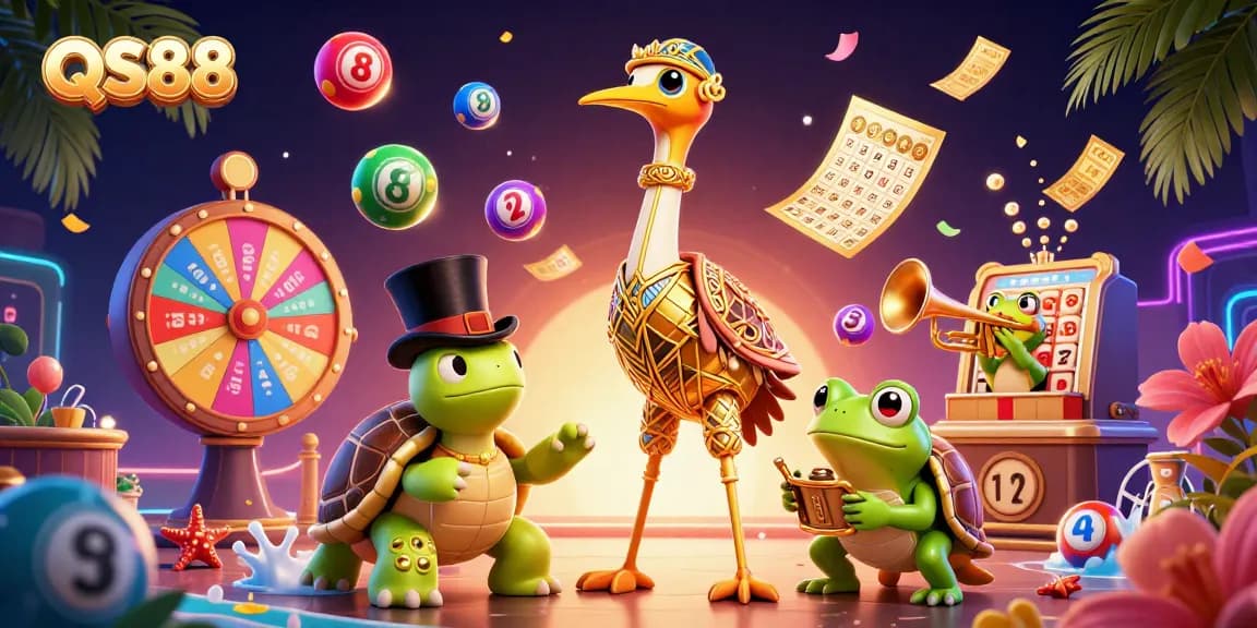 Experience the excitement of QS88 with vibrant lottery elements and engaging characters in a dynamic casino setting.