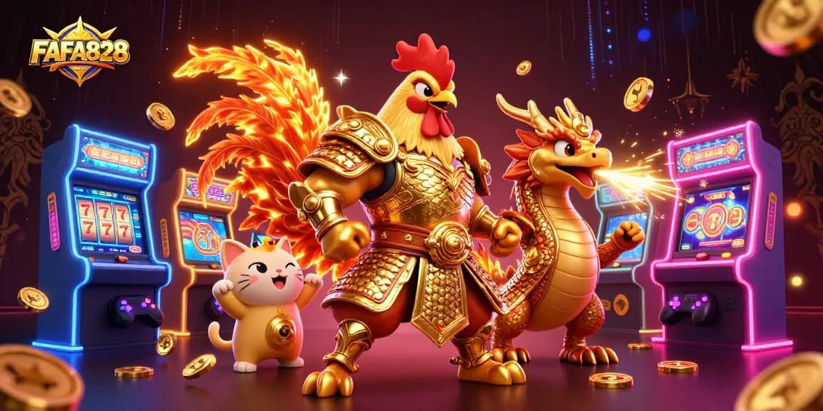 FAFA828 showcases powerful characters in gaming excellence with a fighting rooster and dragon hatchling
