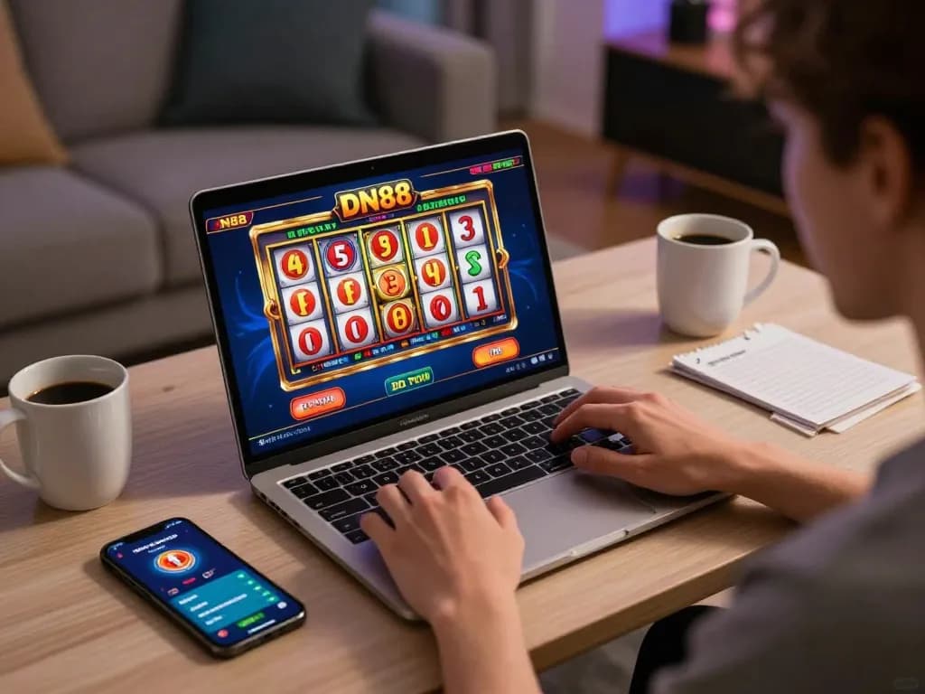Player engaged in thrilling DN88 online gaming with vibrant slot reels, showcasing exhilarating casino experience.
