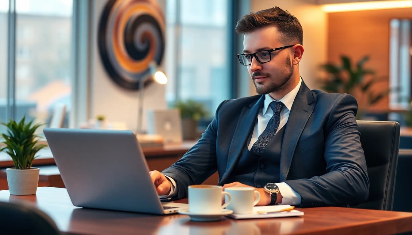 Headhunter IT berät Kandidaten in einem modernen Büro mit Laptop und Notizen.