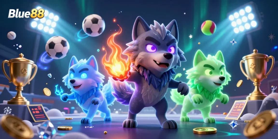 Experience thrilling gameplay with Blue88's dynamic casino scene featuring ghostly wolves and sports elements.
