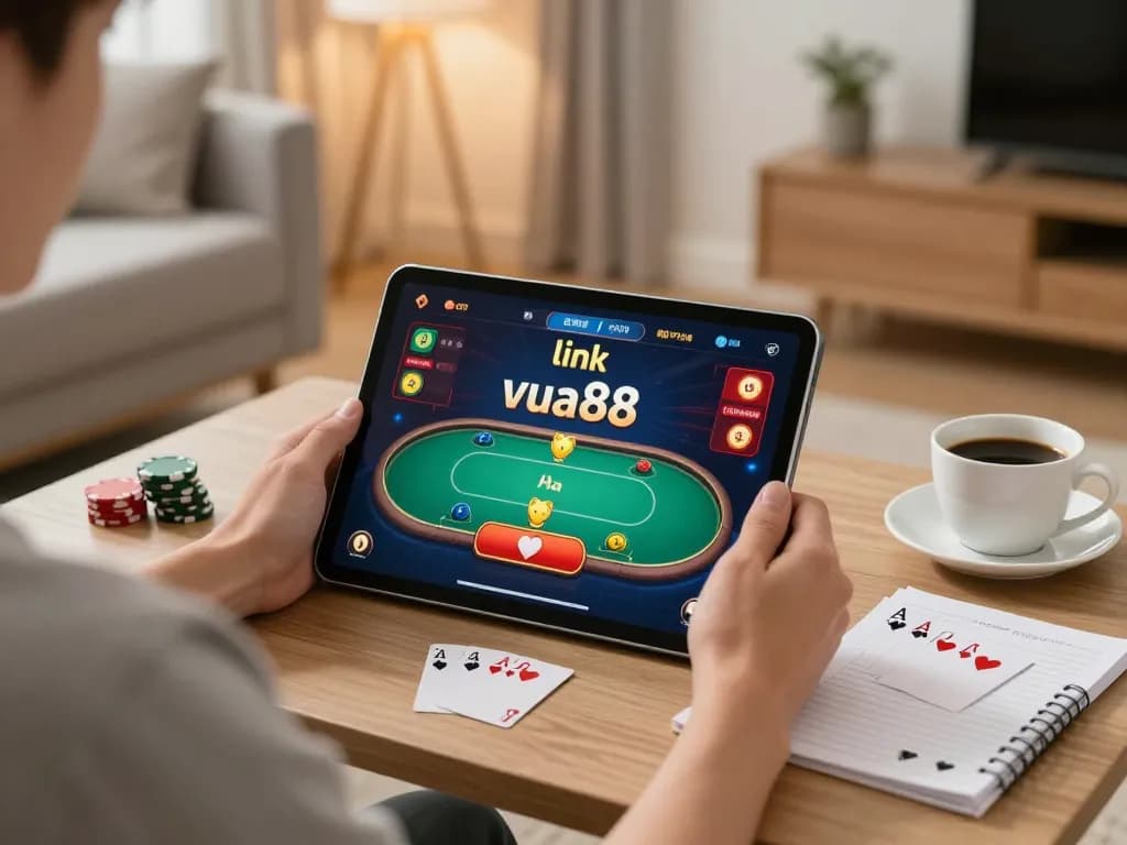 Engaging in link vua88 online casino poker game on tablet in cozy home setting