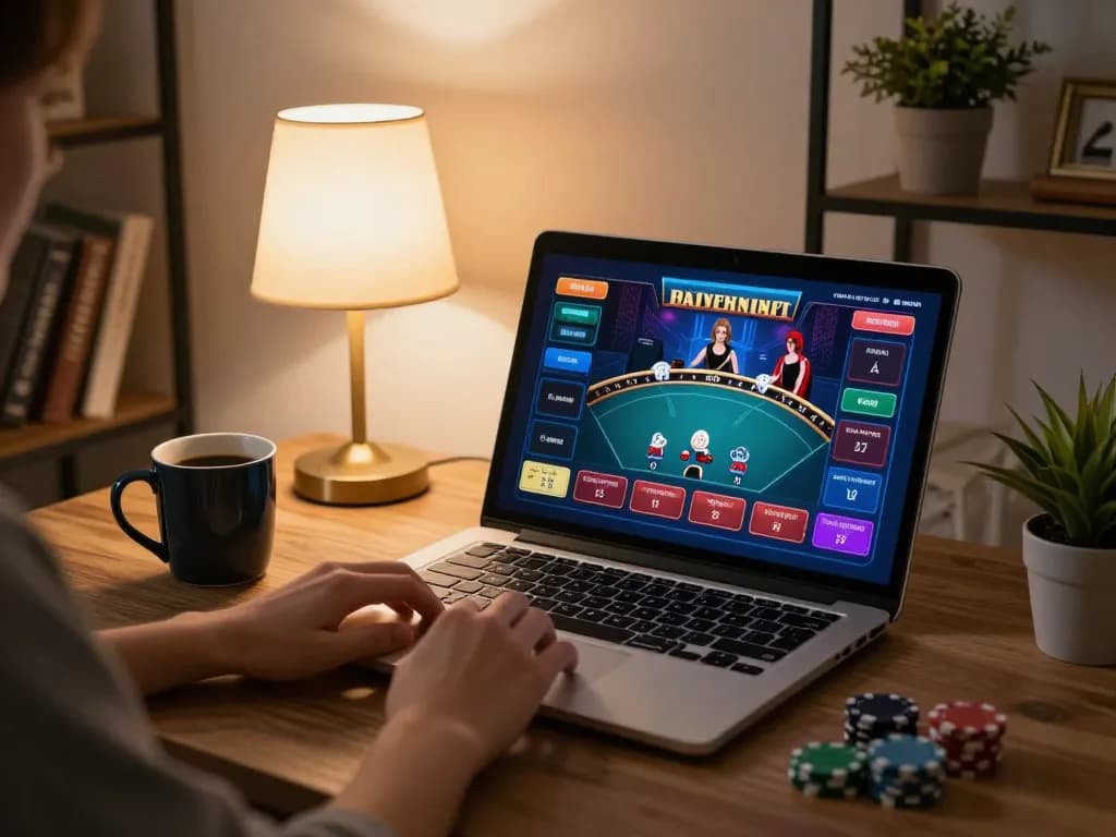 Engaging in online poker at bet88 while enjoying a cozy home atmosphere with vibrant gaming interface.