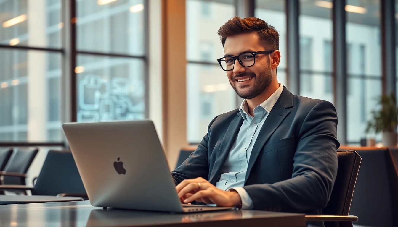 Headhunter IT im modernen Büroformat, arbeitet am Laptop mit technischen Grafiken im Hintergrund.