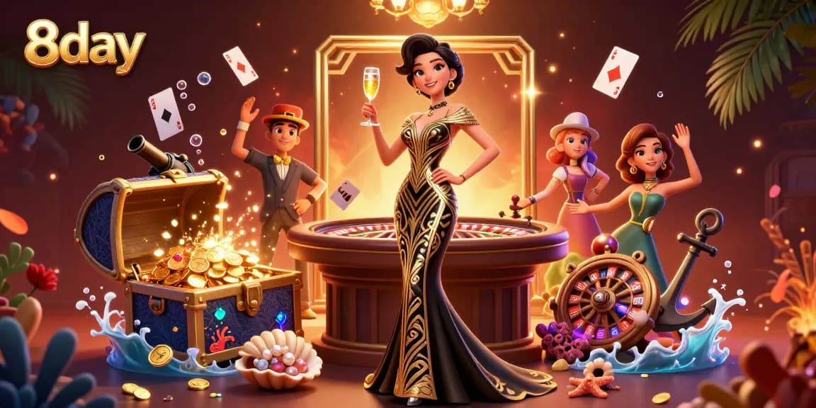 Experience the thrill of a casino with 8day's glamorous Asian woman and exciting game elements in a vibrant scene.